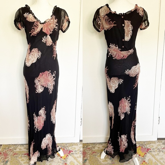 Vintage Dresses & Skirts - Vintage 90’s Nostalgia Black Feather Dress Small Ruffle Neckline Sheer Sleeve